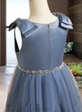 Ansley A-Line Knee-length Flower Girl Dress - Satin/Tulle Sleeveless Scoop Neck With Beading/Bow(s) UKP0015964