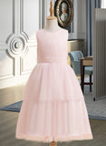 Aria A-Line Knee-length Flower Girl Dress - Satin/Tulle Sleeveless Scoop Neck With Lace UKP0015965