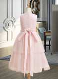 Aria A-Line Knee-length Flower Girl Dress - Satin/Tulle Sleeveless Scoop Neck With Lace UKP0015965