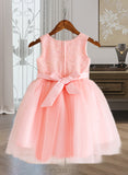 Veronica Ball-Gown/Princess Knee-length Flower Girl Dress - Tulle/Lace Sleeveless Scoop Neck With Bow(s) UKP0015967