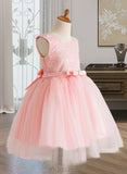 Veronica Ball-Gown/Princess Knee-length Flower Girl Dress - Tulle/Lace Sleeveless Scoop Neck With Bow(s) UKP0015967