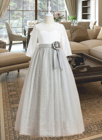 Lauryn Ball-Gown/Princess Floor-length Flower Girl Dress - Tulle/Lace 1/2 Sleeves Scoop Neck With Flower(s)/Sequins UKP0015970