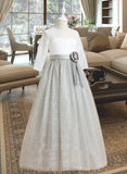 Lauryn Ball-Gown/Princess Floor-length Flower Girl Dress - Tulle/Lace 1/2 Sleeves Scoop Neck With Flower(s)/Sequins UKP0015970