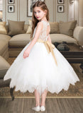 Nita A-Line Tea-length Flower Girl Dress - Tulle/Lace Sleeveless Scoop Neck With Sash/Back Hole (Detachable sash) UKP0015972