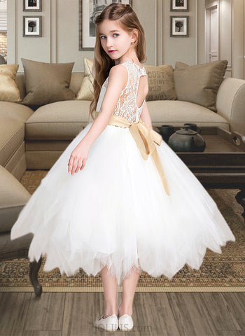 Nita A-Line Tea-length Flower Girl Dress - Tulle/Lace Sleeveless Scoop Neck With Sash/Back Hole (Detachable sash) UKP0015972