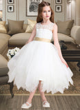 Nita A-Line Tea-length Flower Girl Dress - Tulle/Lace Sleeveless Scoop Neck With Sash/Back Hole (Detachable sash) UKP0015972