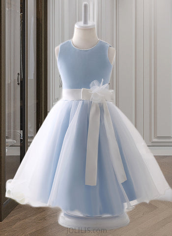 Izabelle A-Line Knee-length Flower Girl Dress - Organza Sleeveless Scoop Neck With Beading/Flower(s)/Bow(s) UKP0015973