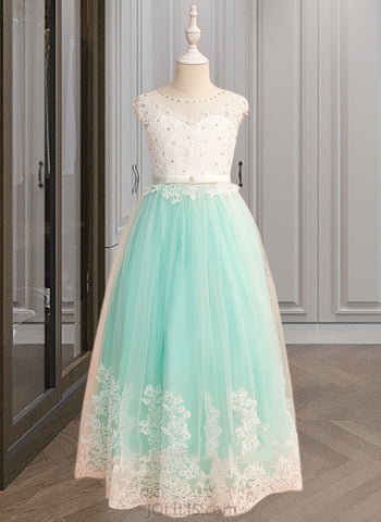 Cynthia Ball-Gown/Princess Floor-length Flower Girl Dress - Tulle Sleeveless Scoop Neck With Lace/Beading/Bow(s)/V Back UKP0015974