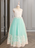 Cynthia Ball-Gown/Princess Floor-length Flower Girl Dress - Tulle Sleeveless Scoop Neck With Lace/Beading/Bow(s)/V Back UKP0015974