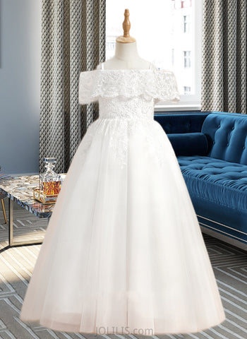 Ashlyn Ball-Gown/Princess Floor-length Flower Girl Dress - Tulle Short Sleeves Off-the-Shoulder With Lace UKP0015975