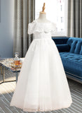 Ashlyn Ball-Gown/Princess Floor-length Flower Girl Dress - Tulle Short Sleeves Off-the-Shoulder With Lace UKP0015975