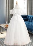 Ashlyn Ball-Gown/Princess Floor-length Flower Girl Dress - Tulle Short Sleeves Off-the-Shoulder With Lace UKP0015975