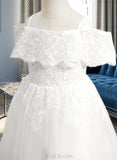 Ashlyn Ball-Gown/Princess Floor-length Flower Girl Dress - Tulle Short Sleeves Off-the-Shoulder With Lace UKP0015975