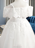 Ashlyn Ball-Gown/Princess Floor-length Flower Girl Dress - Tulle Short Sleeves Off-the-Shoulder With Lace UKP0015975