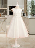 Grace Ball-Gown/Princess Tea-length Flower Girl Dress - Tulle Sleeveless Scoop Neck With Lace/Beading/Flower(s) UKP0015977