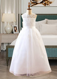 Micaela A-Line/Princess Floor-length Flower Girl Dress - Satin/Tulle Sleeveless Scoop Neck With Beading/Appliques UKP0015990