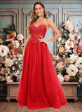 Samantha Ball-Gown/Princess V-Neck Floor-Length Tulle Prom Dresses With Sequins Appliques Lace JLP0025837