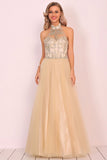 A-Line Halter Prom Dress Floor-Length Tulle With Beads&Rhinestones