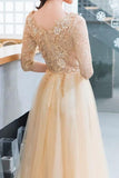 Scoop 3/4 Length Sleeves A Line Tulle With Applique Prom Dresses