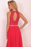 Open Back Scoop A Line Prom Dresses With Beading Chiffon