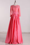 Scoop Prom Dresses 3/4 Length Sleeves Satin With Beads A Line