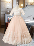 Mila Ball-Gown/Princess Floor-length Flower Girl Dress - Tulle/Lace 1/2 Sleeves Scoop Neck With Bow(s) UKP0016002