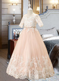 Mila Ball-Gown/Princess Floor-length Flower Girl Dress - Tulle/Lace 1/2 Sleeves Scoop Neck With Bow(s) UKP0016002