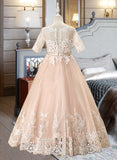 Mila Ball-Gown/Princess Floor-length Flower Girl Dress - Tulle/Lace 1/2 Sleeves Scoop Neck With Bow(s) UKP0016002