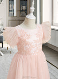 Mikayla A-Line Knee-length Flower Girl Dress - Satin/Tulle Sleeveless Scoop Neck With Lace UKP0016005