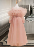 Edith A-Line Floor-length Flower Girl Dress - Tulle Long Sleeves Off-the-Shoulder With Ruffles/Sash/Beading UKP0016006