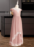 Aleena A-Line Floor-length Flower Girl Dress - Chiffon/Lace Short Sleeves Scoop Neck With Lace/V Back UKP0016008