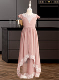 Aleena A-Line Floor-length Flower Girl Dress - Chiffon/Lace Short Sleeves Scoop Neck With Lace/V Back UKP0016008