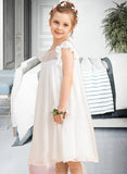 Laila A-Line Knee-length Flower Girl Dress - Chiffon Short Sleeves Scoop Neck With Lace UKP0016015