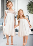 Laila A-Line Knee-length Flower Girl Dress - Chiffon Short Sleeves Scoop Neck With Lace UKP0016015