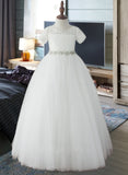 Cheyenne Ball-Gown/Princess Ankle-length Flower Girl Dress - Tulle/Lace Short Sleeves Scoop Neck With Rhinestone UKP0016019