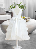 Elsie Ball-Gown/Princess Tea-length Flower Girl Dress - Satin/Tulle Sleeveless V-neck With Bow(s) UKP0016022