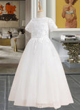 Haven Ball-Gown/Princess Floor-length Flower Girl Dress - Tulle Short Sleeves Scoop Neck With Lace/Beading/Sequins UKP0016025