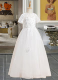 Haven Ball-Gown/Princess Floor-length Flower Girl Dress - Tulle Short Sleeves Scoop Neck With Lace/Beading/Sequins UKP0016025