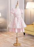 Gemma A-Line Knee-length Flower Girl Dress - Satin/Tulle Short Sleeves Scoop Neck With Lace/Sequins/Bow(s) UKP0016030