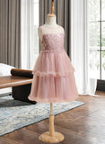 Aurora A-Line Knee-length Flower Girl Dress - Tulle Sleeveless Scoop Neck With Sequins/Pleated/V Back UKP0016031