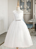 Faith A-Line Tea-length Flower Girl Dress - Tulle Sleeveless Scoop Neck With Beading UKP0016038