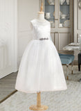 Faith A-Line Tea-length Flower Girl Dress - Tulle Sleeveless Scoop Neck With Beading UKP0016038