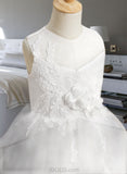 Reyna A-Line Knee-length Flower Girl Dress - Satin/Tulle Sleeveless Scoop Neck With Lace/Flower(s)/Bow(s) UKP0016040