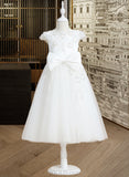 Aileen A-Line Tea-length Flower Girl Dress - Tulle/Lace Short Sleeves Scoop Neck With Sequins/Bow(s) UKP0016045