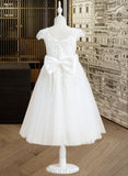 Aileen A-Line Tea-length Flower Girl Dress - Tulle/Lace Short Sleeves Scoop Neck With Sequins/Bow(s) UKP0016045