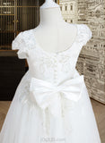 Aileen A-Line Tea-length Flower Girl Dress - Tulle/Lace Short Sleeves Scoop Neck With Sequins/Bow(s) UKP0016045