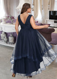 America A-line V-Neck Asymmetrical Tulle Cocktail Dress With Cascading Ruffles Pleated UKP0016052