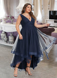 America A-line V-Neck Asymmetrical Tulle Cocktail Dress With Cascading Ruffles Pleated UKP0016052