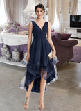 America A-line V-Neck Asymmetrical Tulle Cocktail Dress With Cascading Ruffles Pleated UKP0016052