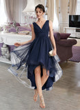 America A-line V-Neck Asymmetrical Tulle Cocktail Dress With Cascading Ruffles Pleated UKP0016052